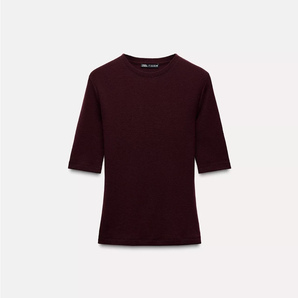 ZARA 100% Wool T-Shirt Burgundy Short Sleeve Knit Top Size M